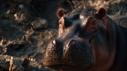 Fototapeta premium Close-up portrait of a hippopotamus face showcasing its thick, bumpy skin texture and intense gaze