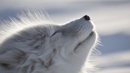 Naklejka premium Arctic wolf howling in the pristine snowy wilderness with eyes closed in serene contemplation