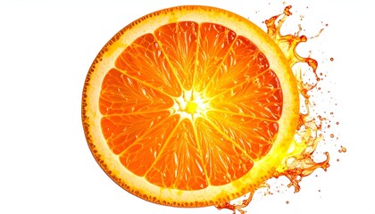 Bright orange citrus fruit slice with juice splash on white