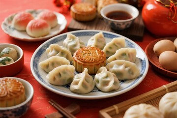 A plate of dumplings with a mooncake in the center, surrounded by various traditional Chinese pastries and tea on a red tablecloth.