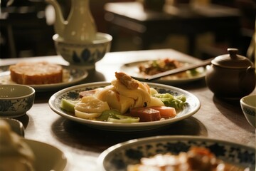 A close-up view of a traditional meal served on a wooden table, featuring a plate with vegetables, tofu, and meat, accompanied by tea pots and side dishes.
