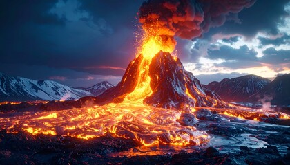 Volcano erupts, spewing molten rock and ash under a stormy sky