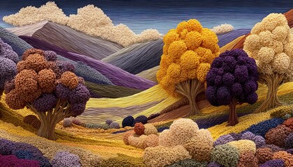 Vibrantly Stitched Landscape with Textured Yarn Trees and Undulating Hills
