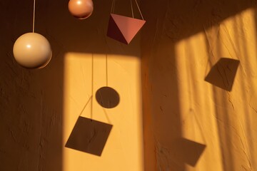 Geometric shapes hanging from strings with shadows on wall