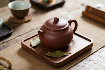 Traditional clay teapot on wooden tray with tea leaves, set on rustic table