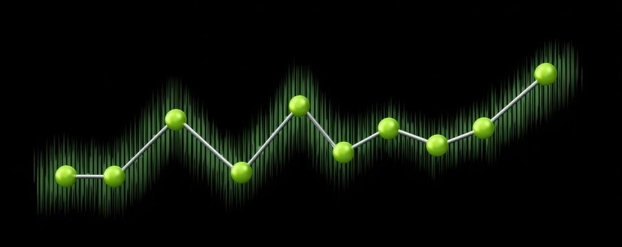 A digital graph illustration with green points on a black background, depicting a fluctuating trend or data progression. - Powered by Adobe