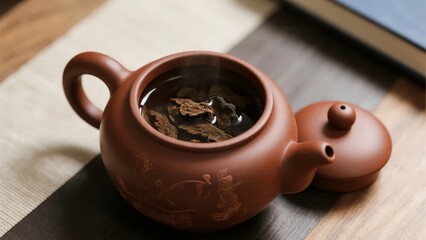 Traditional clay teapot with steeping tea leaves on a wooden surface