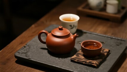 Traditional tea set with clay teapot and cups arranged on a stone tray on a wooden table
