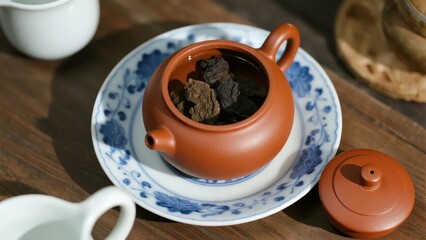 Terracotta teapot with dark tea leaves on a blue and white saucer, set on a wooden table