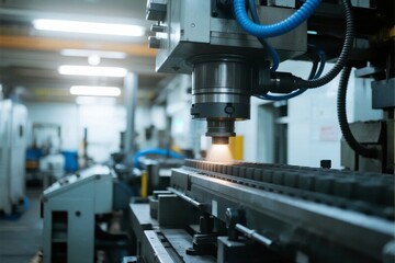 Industrial CNC machine in operation, precision cutting metal workpiece in a factory setting