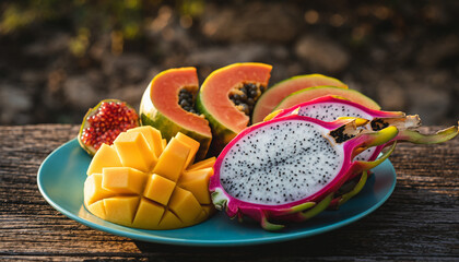 A Vibrant And Colorful Food Photograph Of A Tropical Fruit Platter, With Exotic Fruits Like Dragon Fruit, Papaya, And Mango.