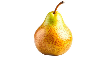 A ripe pear on a black backdrop, showcasing its textured skin and curved stem