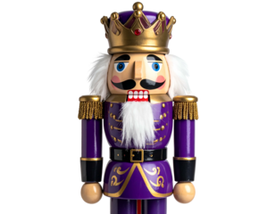 A regal wooden doll with a crown and military-style jacket, depicted against a dark background