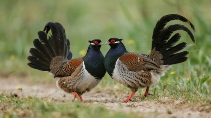 Two male pheasants displaying their vibrant plumage and fanned tails in a grassy field