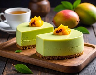 Two round green desserts garnished with mango chunks beside tea and fruits