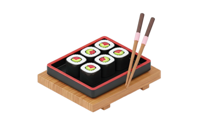 Six Sushi Rolls with Avocado and Red Filling, Served with Chopsticks