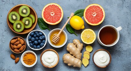 Assortment of healthy foods and drinks for immunity including fruits, nuts, and tea wellness