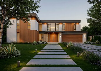 Contemporary luxury house with wood and white facade and illuminated pathway contemporary house luxury home