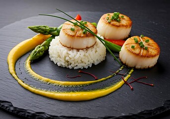 Gourmet Seared Scallops with Asparagus and Rice on a Slate Plate with Yellow Sauce seafood fine dining