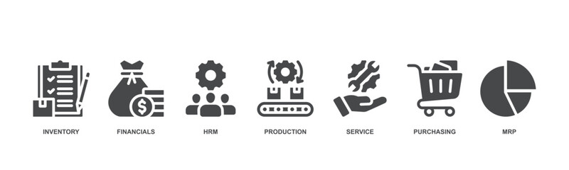 Fototapeta premium ERP concept icon vector illustration with icon of inventory, financials, HRM, production, service, purchasing, and MRP.