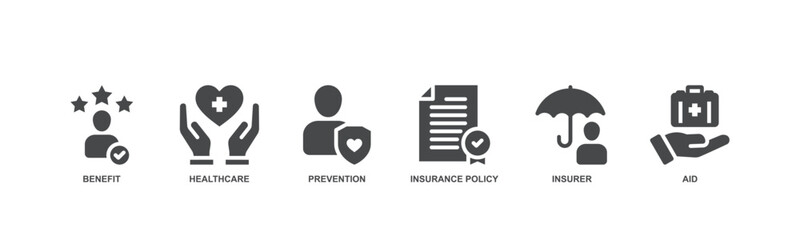 Health insurance concept icon vector illustration with icon of benefit, healthcare, prevention, insurance policy, insurer and aid.