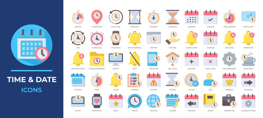 Time and Date icons collection featuring clocks, calendars, reminders, alarms and more. Perfect for scheduling apps, productivity tools, and time management projects.