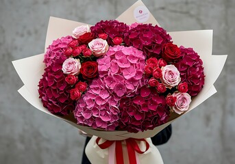 Luxurious bouquet of pink and red hydrangeas and roses with small red buds flowers