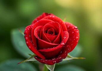 Single Red Rose with Water Droplets and Blurred Green Background Keywords: red rose, flower, bloom, blossom, floral, nature, garden, dew, water