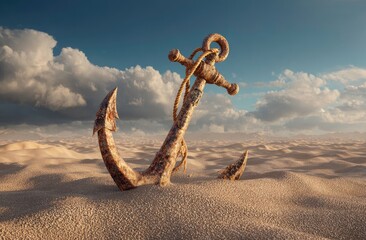 Ancient Rusty Anchor Firmly Planted in Vast Desert Sands Beneath Dramatic Clouds