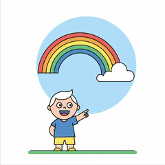 Cartoon Boy Pointing at Rainbow in Sky.