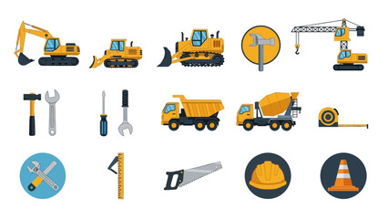 Collection of essential construction machinery vehicles heavy equipment and various hand tools needed for building projects and industrial maintenance tasks