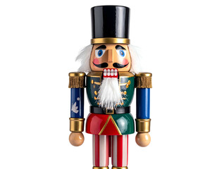 A decorative wooden soldier, a classic nutcracker, in a festive uniform