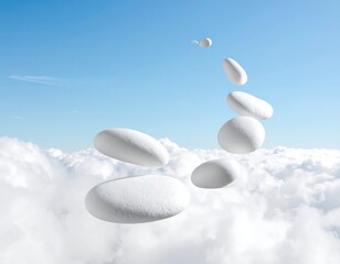 Surreal image of seven white, smooth stones levitating in a diagonal line, amidst a fluffy cloudscape against a bright blue sky