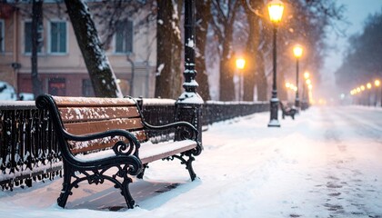 Winter park scene at night, snow-covered bench under streetlights, quiet ambiance