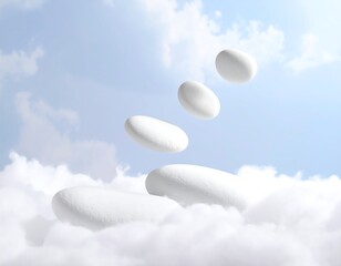 Surreal image of white, elongated objects floating amidst fluffy, cloud-filled sky; evokes concepts of weightlessness and serenity