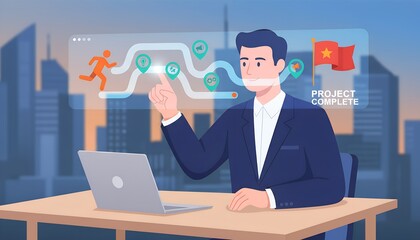 Project Completion Interface with Businessman &ndash; Goal Achievement, Timeline, Progress, Strategy, Digital, Abstract, Corporate