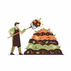 Farmer Pitchforking Compost Heap with Vegetables.