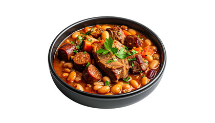 Hearty stew in a black bowl, featuring beans, meat, and sausage, garnished with parsley