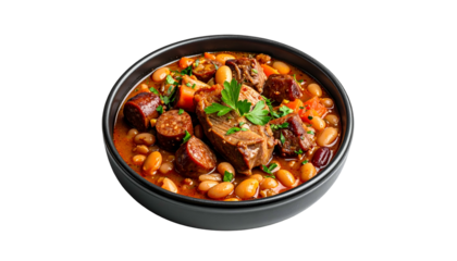 Hearty stew in a black bowl, featuring beans, meat, and sausage, garnished with parsley