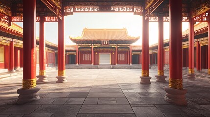 Grand Entrance of a Chinese Garden with Golden Lanterns and Morning Sunlight