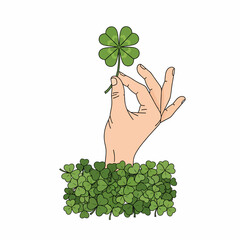 Hand holding a four leaf clover illustration.