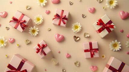 Romantic flat lay of pink gift boxes, daisies, hearts, and golden decorations on pastel background