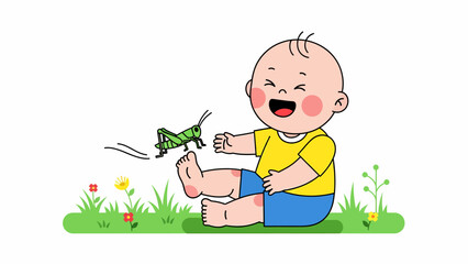 Happy Baby Playing with Toy Grasshopper.
