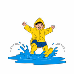 Happy Child Playing in Rain Puddle.