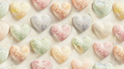 Watercolor pastel hearts with white dotted texture arranged in diagonal seamless pattern