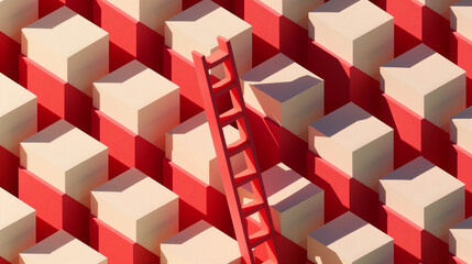 Conceptual 3D illustration of red ladder leaning on abstract geometric blocks with strong shadows