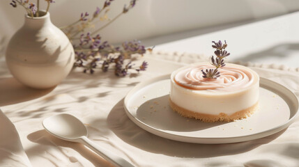 Elegant mini cheesecake with lavender garnish placed on ceramic plate over soft beige fabric