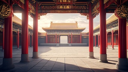Traditional Chinese Palace Courtyard with Red Pillars and Lanterns at Sunrise