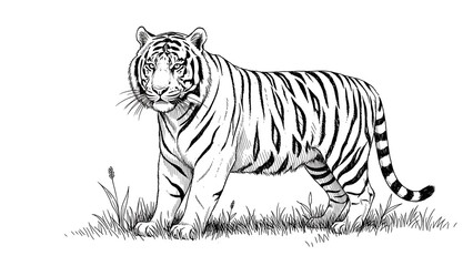 Fototapeta premium Tiger illustration black and white depiction on white background