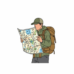 Hiker Examining Map for Navigation Purposes.